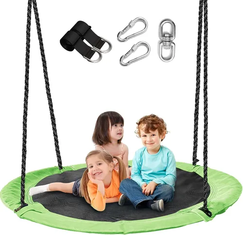 Miniatura 9 de Columpio de árbol de platillo negro de 43 pulgadas para niños, columpio redondo volador impermeable y resistente a todo tipo de clima, tapete