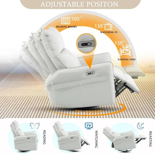 Miniatura 2 de Silla reclinable giratoria eléctrica para guardería, silla mecedora giratoria tapizada de 270° con puertos USB, reclinables pequeños para espacios