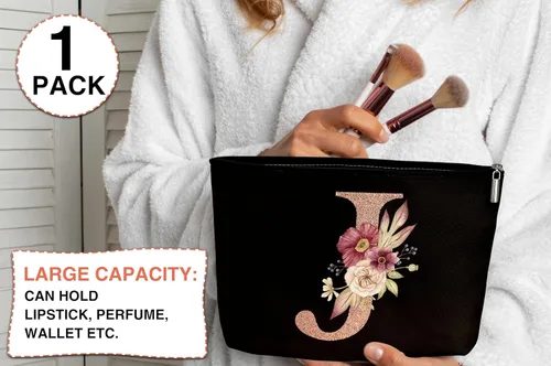 Miniatura 3 de Bolsa de maquillaje personalizada con inicial, bolsas de maquillaje con monograma A - Z, bolsa de aseo cosmético de viaje con letra negra
