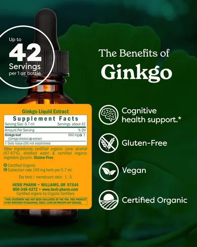 Miniatura 2 de Extracto orgánico certificado de Ginkgo para la memoria y la concentración de Herb Pharm, 1 Ounce, 1, 1