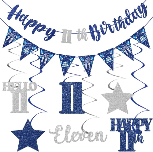 Miniatura 18 de Decoración de cumpleaños número 18 azul y plateado para niños y niñas, pancarta de feliz cumpleaños 18 con estrellas de dieciocho años de edad