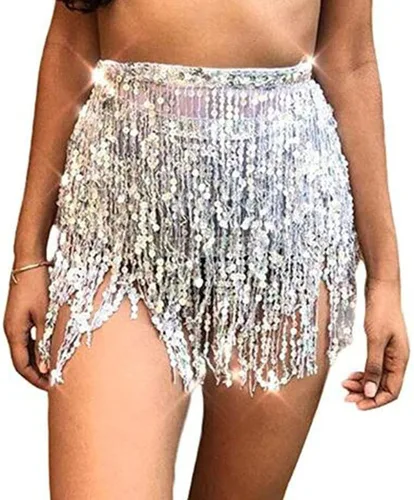 Miniatura 5 de REETAN Falda Boho para danza del vientre con lentejuelas, mascada de cadera con flecos y borlas falda para fiestas, bailes,actuaciones y disfraces