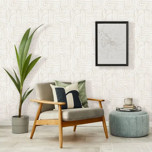 Miniatura 2 de Papel tapiz estético beige para despegar y pegar, mural geométrico autoadhesivo extraíble, líneas bohemias de mediados de siglo