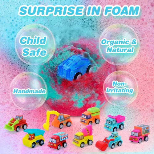 Miniatura 2 de Bombas de baño para niños con juguetes sorpresa en el interior, paquete de 6 bombas de baño de regalo con vehículos de tracción trasera, juego