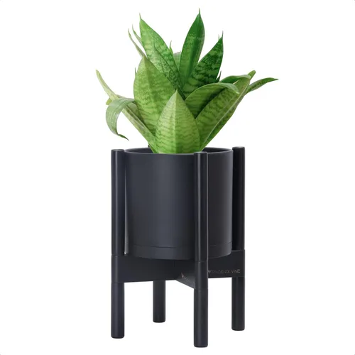 Maceta de D'vine Dev con soporte - Maceta de flores de cilindro de plástico de 8.0 pulgadas con soporte de madera para interiores, maceta mate negra