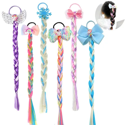 6 extensiones de cabello de trenzas de colores para niñas con bandas de goma, extensiones trenzadas de arco iris, lazos para el cabello, peluca,