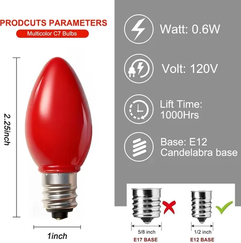 Miniatura 2 de Bombillas de Luces Navideñas C7 Oviejo, Paquete de 25 Bombillas de Repuesto C7 Rojas de 0.6W, Bombillas de Luz Nocturna, Bombillas LED de Repuesto