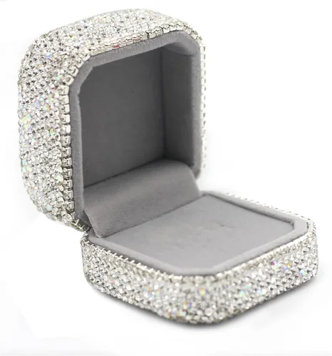 Miniatura 11 de Caja de anillos de cristal de lujo para aretes, caja de almacenamiento de joyería, caja de regalo para anillo de propuesta, ceremonia, boda, Negro