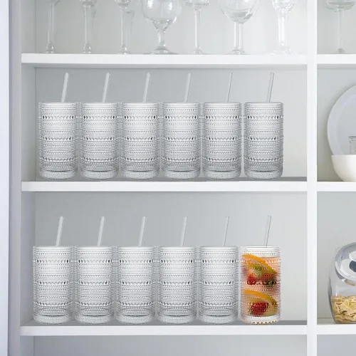 Miniatura 7 de Juego de 15 vasos de hobnail de 16 onzas / 16.2 fl oz vintage con pajitas, tazas gruesas en relieve para agua, café helado, jugo, cócteles, cocina