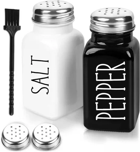 Juego de salero y pimentero, juego de salero de cristal blanco y negro con tapas de acero inoxidable, salero y pimentero de granja para cocinar,