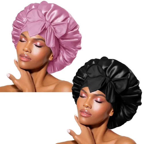 Miniatura 25 de Gorro de satén de seda para dormir con banda ancha para cabello rizado, color rosado oro rosa claro