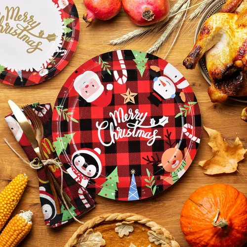 Miniatura 5 de Suministros de fiesta de Navidad Gatherfun Rojo y Negro Gingham con Papá Noel Muñeco de Nieve Platos de Papel Desechables para Cena y Postre