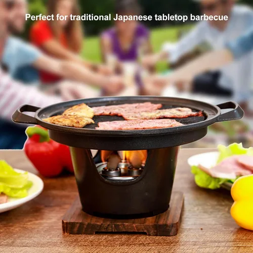 Miniatura 4 de Parrilla de carbón, parrilla de carbón portátil Hibachi japonesa con base de madera, 8.46 x 6.89 x 5.31 pulgadas, parrilla portátil sin humo