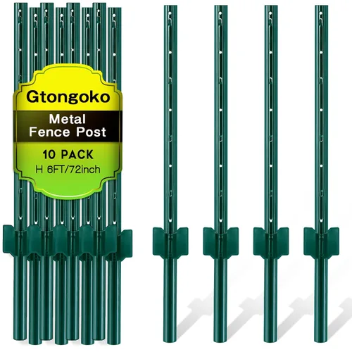 Gtongoko Postes de valla de metal resistente de 6 pies, paquete de 10 postes de valla de canal en U con placa de anclaje, poste en T de acero verde