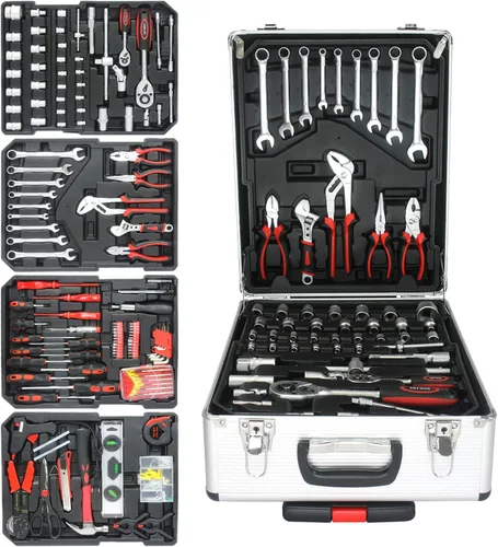 Miniatura 6 de 899 piezas juego de caja de herramientas con ruedas y cerradura, juego de maletín con ruedas, 4 capas de juegos de herramientas, 90 piezas de kits