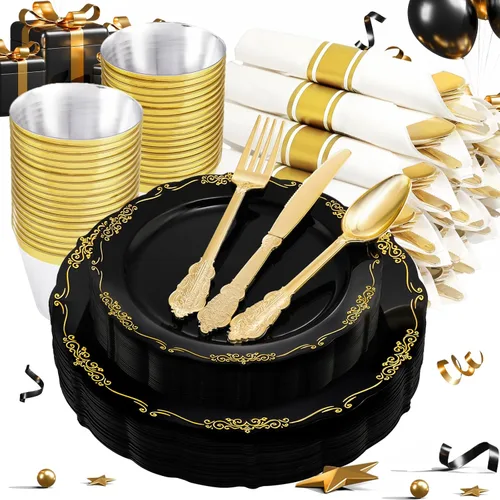 U-QE Juego de 175 platos de plástico negro y servilletas preenrolladas con cubiertos dorados, juego de vajilla de plástico negro y dorado para 25