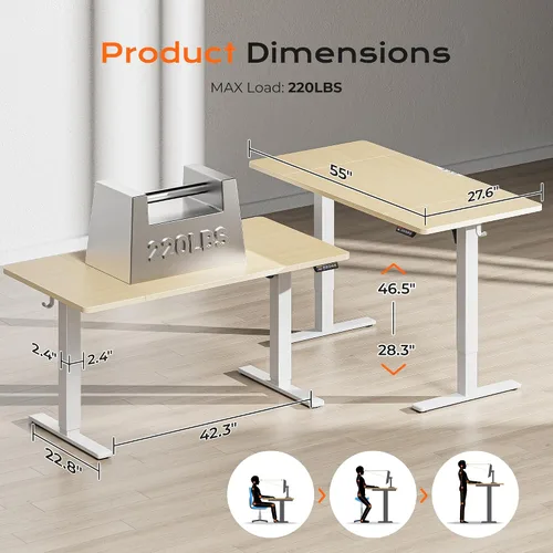 Miniatura 2 de Huuger - Escritorio grande eléctrico de pie ajustable en altura, de 55 x 28 pulgadas, escritorio para trabajar sentado o de pie, escritorio de Arce