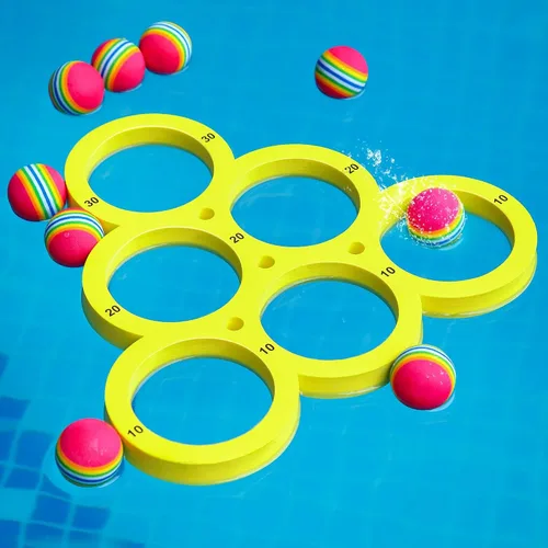 Miniatura 10 de Hiboom Juego de piscina con puntuación, combo de flotadores de espuma para piscina con 10 bolas de lanzamiento coloridas, juego de lanzamiento