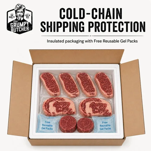 Miniatura 6 de Grumpy Butcher Aged 8 Steak Premium Set – 4 NY Strip, 2 Filet Mignon & 2 Ribeye Steaks – USDA Top Choice Beef Steak con opción de caja de regalo