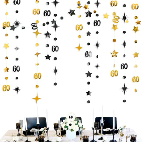Miniatura 6 de Decoración de cumpleaños número 60 negro, círculo de punto estrella, guirnalda colgante, banderines, telón de fondo para hombres, vítores a los 60