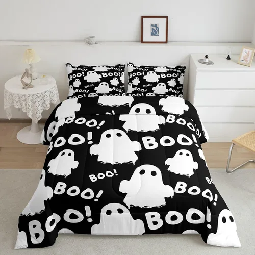 Miniatura 32 de Juego de edredón de calabaza para niños, con estampado de calabaza, estilo Halloween, juego de ropa de cama para niños, juego de ropa de cama