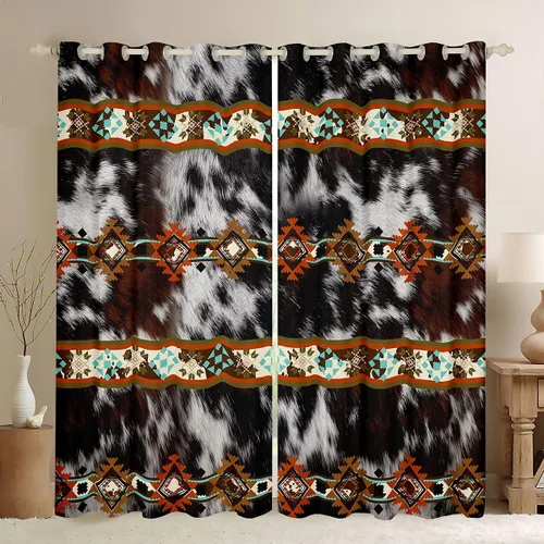 Miniatura 25 de Cortinas opacas de estilo bohemio occidental de 76 x 45 pulgadas, cortinas y cortinas de atrapasueños de vaca, cortinas del suroeste, cortinas