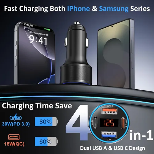 Miniatura 2 de Cargador de coche USB C, 4 puertos 65W Dual 12V USB-A y USB-C Cargador de teléfono para automóvil con voltímetro PD/QC 3.0 Cargador de encendedor