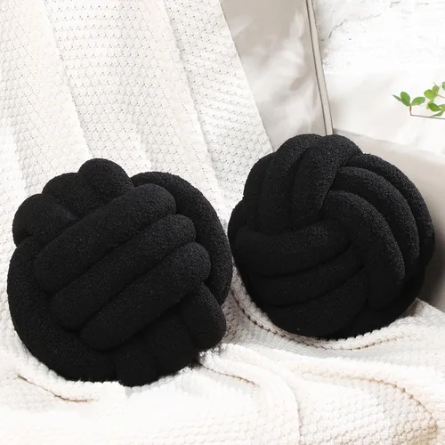 Namalu 2 almohadas de nudo, decorativas, redondas, de felpa, círculos anudados, suaves, para habitación, sofá, hogar, cama, suelo (11 pulgadas, Negro