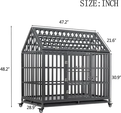 Miniatura 7 de Jaula grande para perros, jaula de hierro galvanizado resistente de 47 pulgadas para perros, muebles con puerta delantera, puerta superior y 4