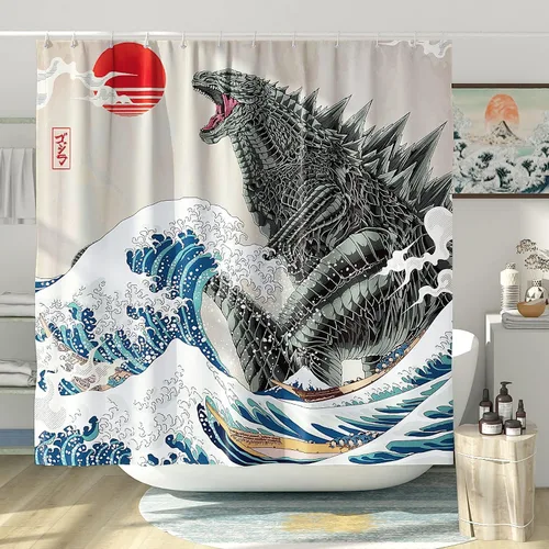 Miniatura 2 de Juego de cortinas de ducha divertidas, divertidas cortinas de ducha de monstruo de anime para baño, decoración de baño asiática, japonesa, tela