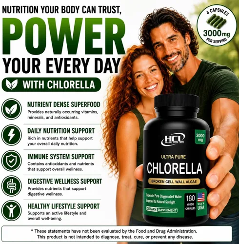 Miniatura 9 de Chlorella Cápsulas 3000 mg – Pared celular agrietada suplemento de algas verdes azules – La mejor limpieza natural de desintoxicación – Vitaminas