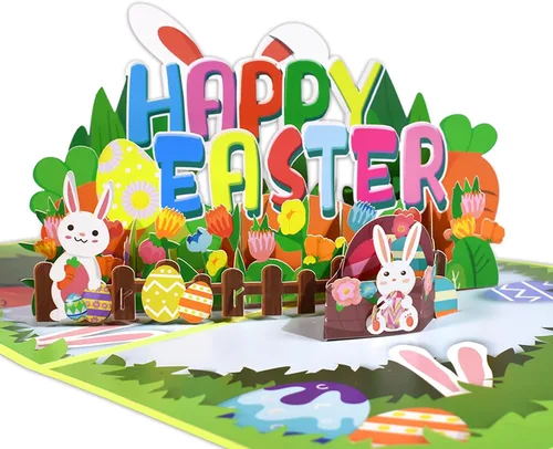 Miniatura 14 de GREETING ART Tarjeta desplegable de Pascua, diseño de ramo de conejo de cruz de lirio colorido 3D, tarjetas de felicitación de ramo de Pascua 3D