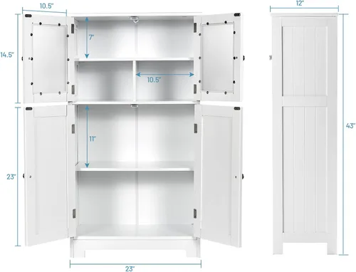 Miniatura 3 de Giantex Armario de almacenamiento con puertas – Armario de piso de baño, armario alto independiente con 2 puertas de vidrio templado, estante Blanco
