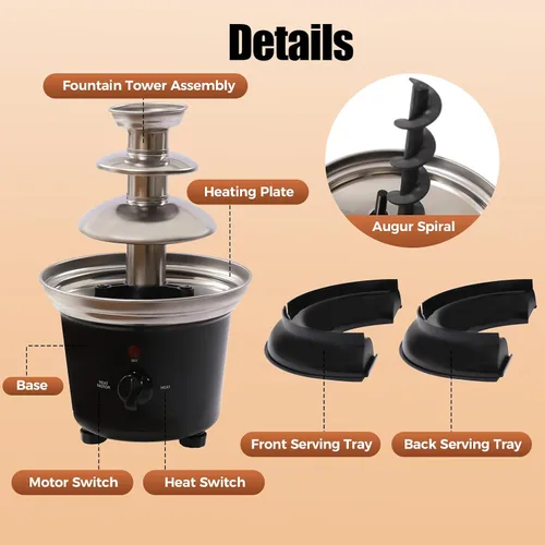 Miniatura 6 de Máquina eléctrica de fuente de chocolate de tres niveles, capacidad de 1 libra, con bandeja de alimentos y barra giratoria en espiral para fiestas
