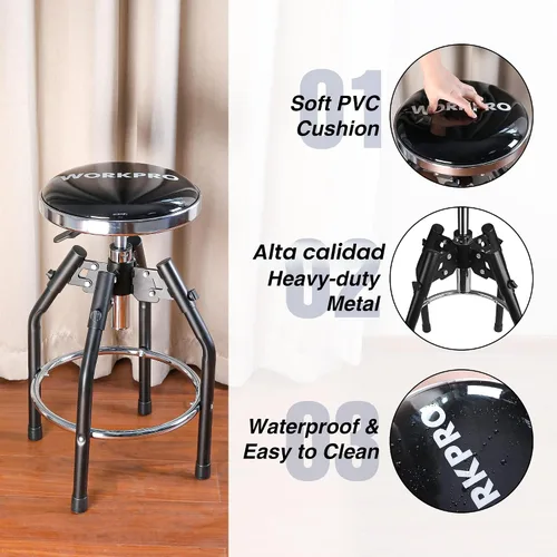 Miniatura 5 de WORKPRO Taburete de Taller Hidráulico Ajustable de Servicio Pesado, Taburete de Bar para Garaje, 29 a 33.86 pulgadas, Capacidad de 330 Libras, Negro