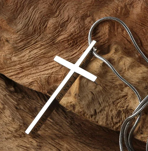 Miniatura 4 de HZMAN Collar de acero inoxidable con colgante de cruz de Filipenses 413 con versículo bíblico