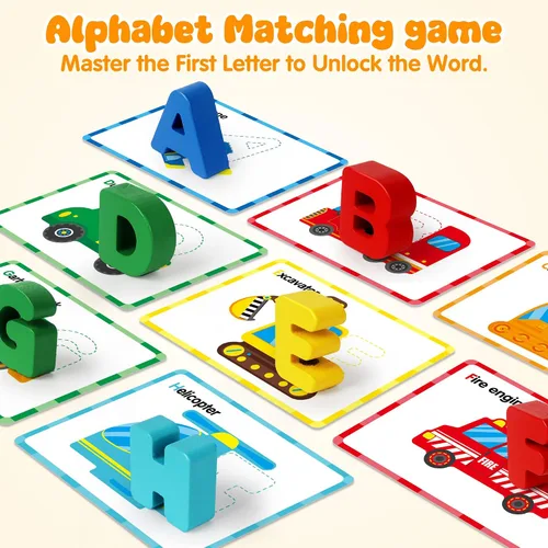 Miniatura 5 de Vanmor Rompecabezas de madera del alfabeto para niños pequeños, juego de palabras a juego con 52 bloques y tarjetas flash, juguetes de ortografía