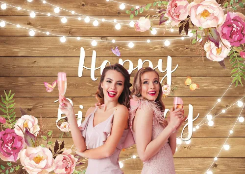 Miniatura 5 de Fondo de madera rústica floral para cumpleaños, flores de primavera, purpurina de madera, fondo de fotografía de feliz cumpleaños para mujeres