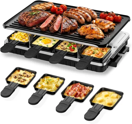 HBN Parrilla eléctrica de mesa Raclette con 8 bandejas de calentamiento, parrilla coreana 2 en 1 y plancha eléctrica antiadherente, control de