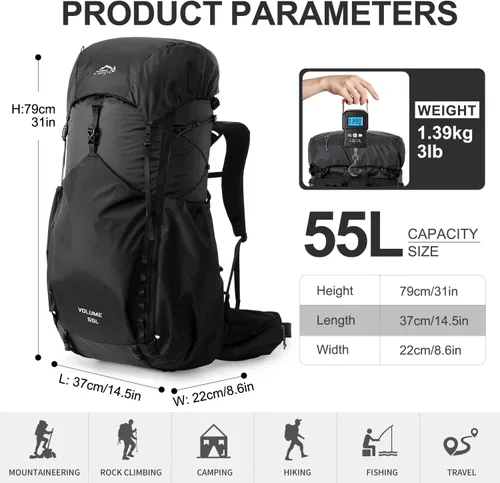 Miniatura 2 de IX INOXTO 55L Mochila con armazón interno resistente al agua para senderismo y camping con vejiga de agua de 3L y cubierta contra la lluvia, mochila