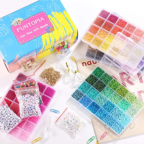 Miniatura 7 de Funtopia 120 Colores Cuentas de Semillas de 2 mm para Hacer Joyas, 49000 Piezas de Cuentas de Vidrio Pequeñas para Pulseras, Kit de Pulseras