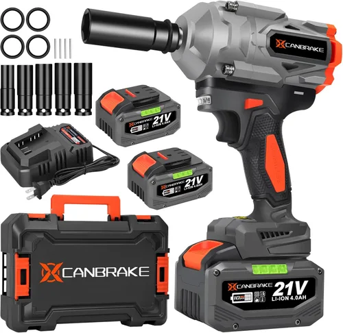 Llave de impacto inalámbrica de 1400N.m, pistola de impacto sin escobillas de trabajo pesado de 1/2" 21V con 2 baterías de 4.0Ah y 5 dados, ajuste