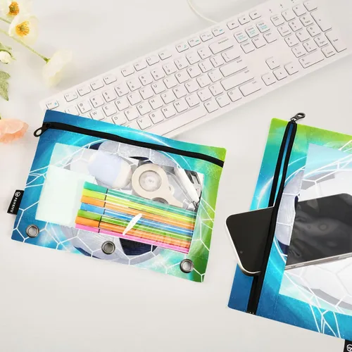 Miniatura 5 de Estuche para lápices de fútbol de fútbol en campo para carpeta de 3 anillas, paquete de 2 bolsas impermeables para lápices, estuche transparente