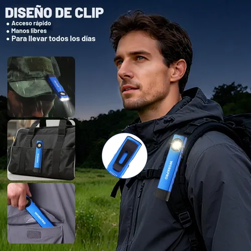 Miniatura 5 de WORKPRO linterna recargable de trabajo, linterna de bolsillo plana de 600 lúmenes con luz UV, base magnética y clip, linterna LED EDC delgada