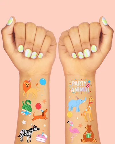 Miniatura 3 de xo, Fetti Tatuajes temporales para fiesta de cumpleaños de animales – 60 estilos de aluminio Decoraciones de cumpleaños de safari, accesorios