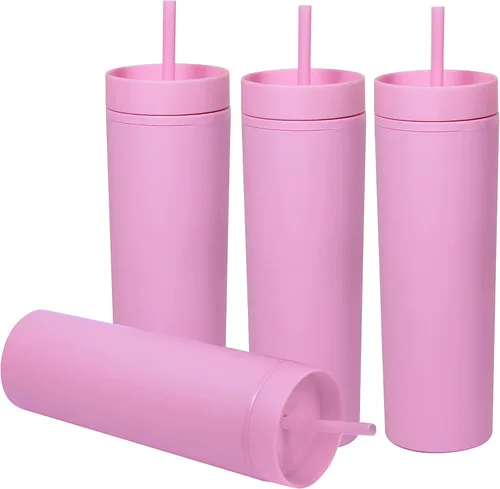 Miniatura 9 de SKINNY TUMBLERS - Paquete de 4 vasos de acrílico color pastel mate con tapa y popote, perfecto para el hogar, fiestas, viajes, vaso de plástico Negro
