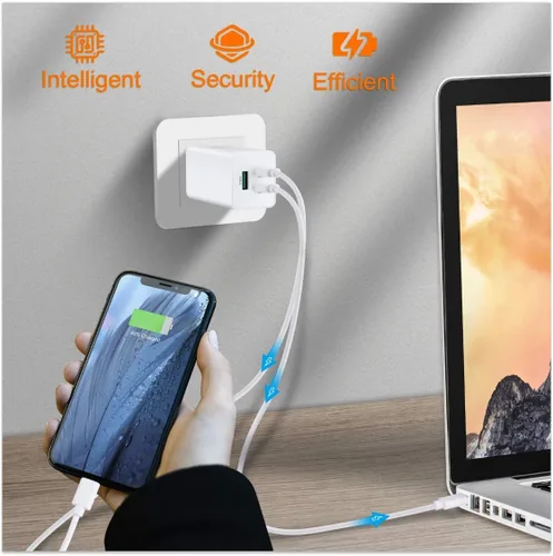 Miniatura 2 de NewWay Cargador rápido USB-C de 65 W de 3 puertos PD QC 3.0 de entrega plegable, cargador de pared USB-C para MacBook, iPad, iPhone Series con 15 16