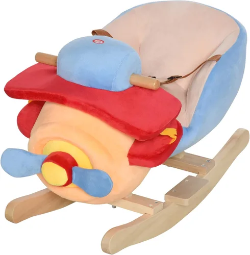 Qaba Caballo mecedor para niños, silla de avión de felpa de madera con canción de cuna y cinturón de seguridad durante 18 meses +