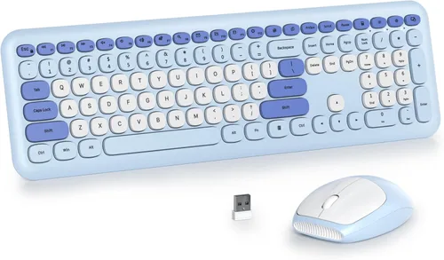 Combo de teclado y mouse inalámbricos de 104 teclas, tamaño completo, color azul con teclas redondas silenciosas, ideal para portátiles y Azul blanco