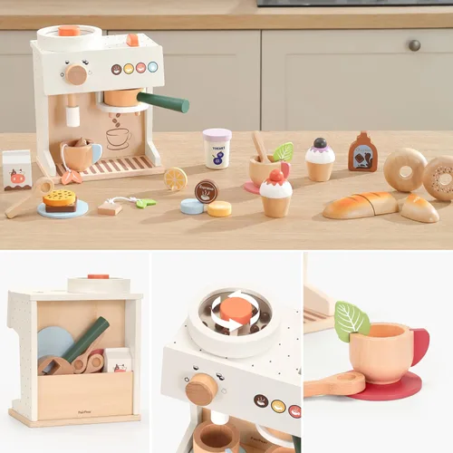Miniatura 5 de PairPear Juego de simulación de cafetera de espresso de madera 18 piezas Set de barista con cápsulas, tazas y galletas, accesorio de cocina